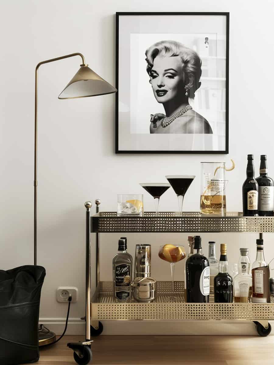 sophisticated print featuring Marilyn Monroe's iconic image, tastefully displayed above a bar cart to add a touch of glamour and intrigue to the space