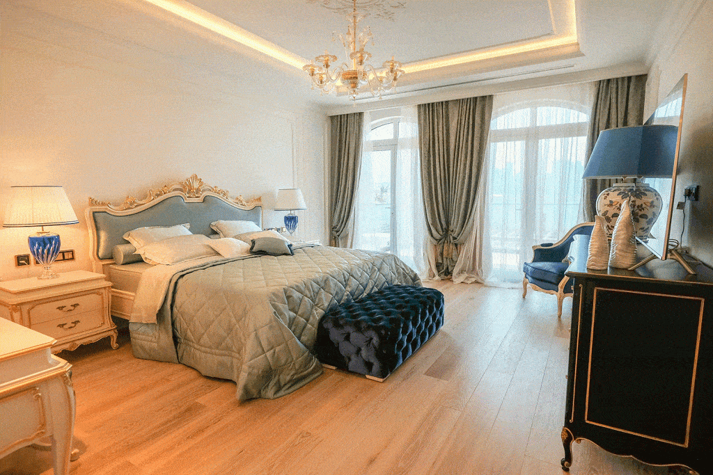 Aesthetic light blue themed large master bedroom