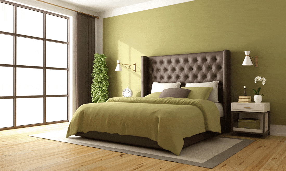 Classy brown and green master bedroom with leather double bed and nightstand