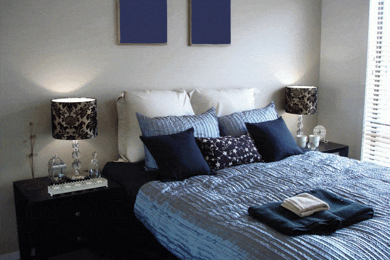 Navy blue themed modern bedroom interior, 35 Two-Color Combinations for Bedroom Walls [That Can Work For You]