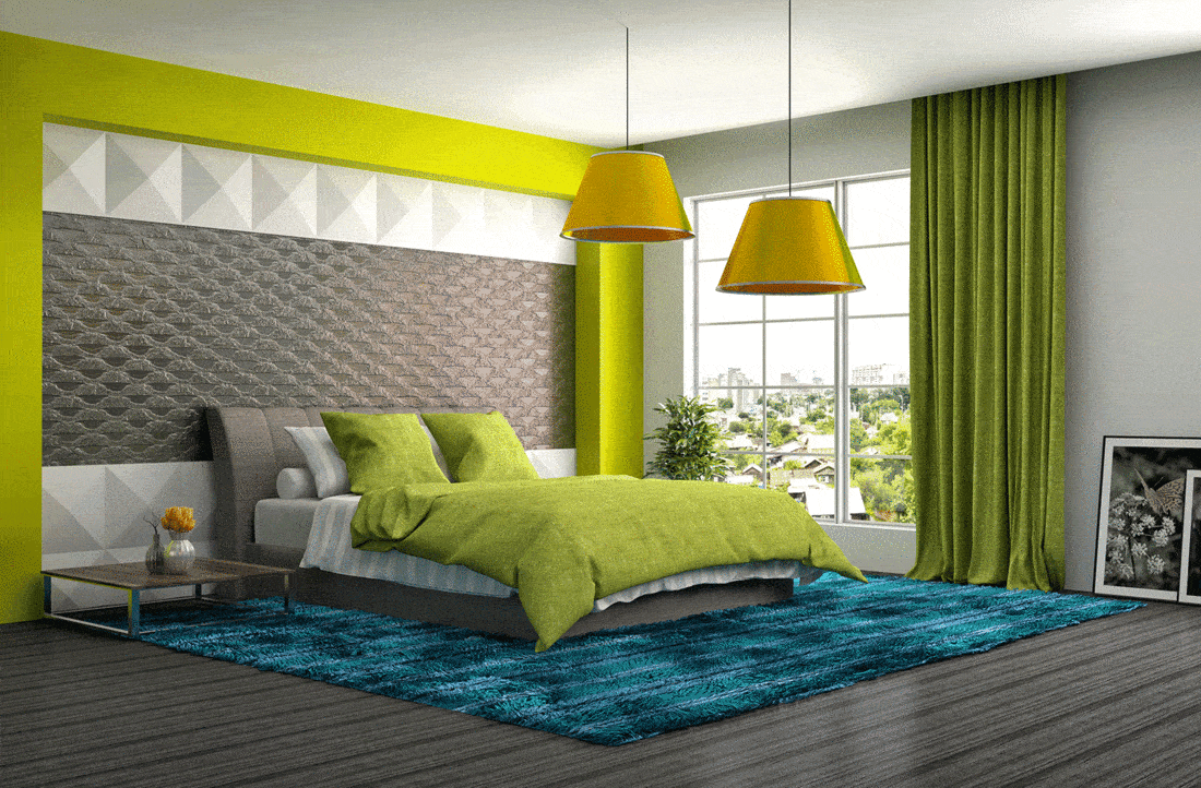 Green bedroom with blue carpet