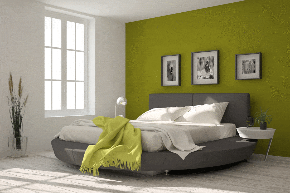 Green bedroom with scandinavian interior design