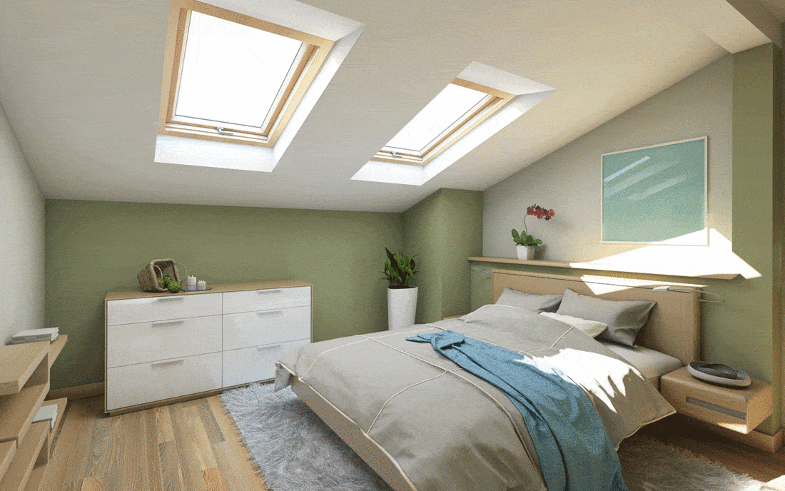 Modern green bedroom on the attic