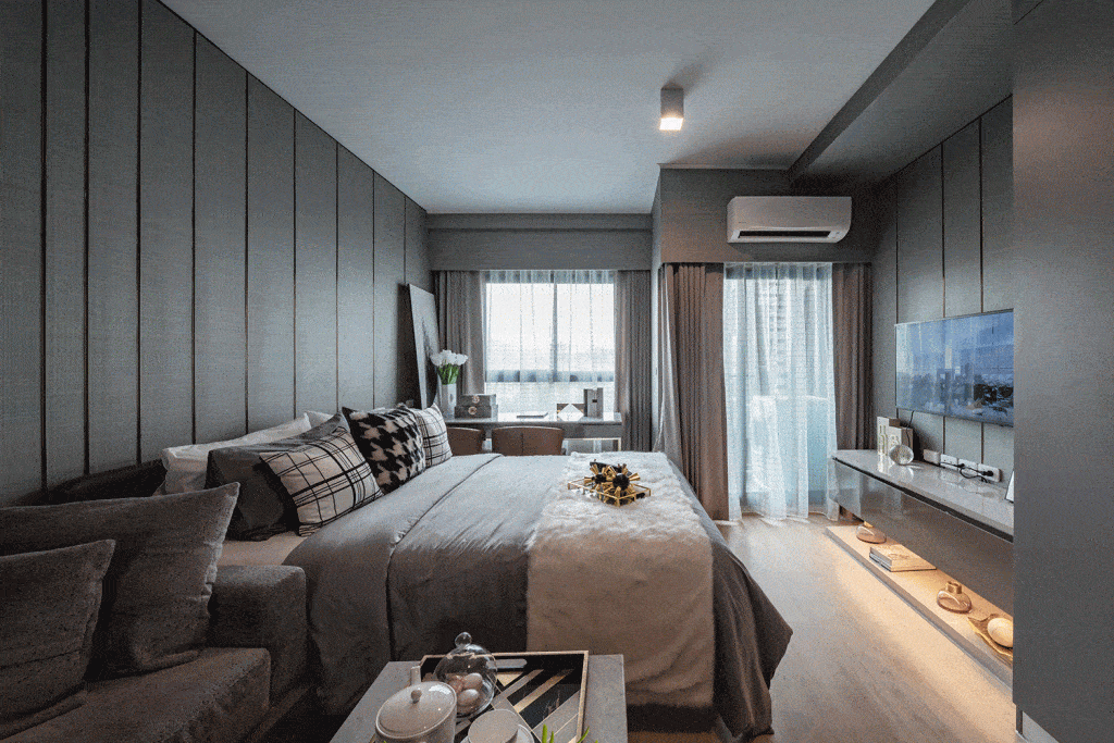 Stylish gray themed large master bedroom