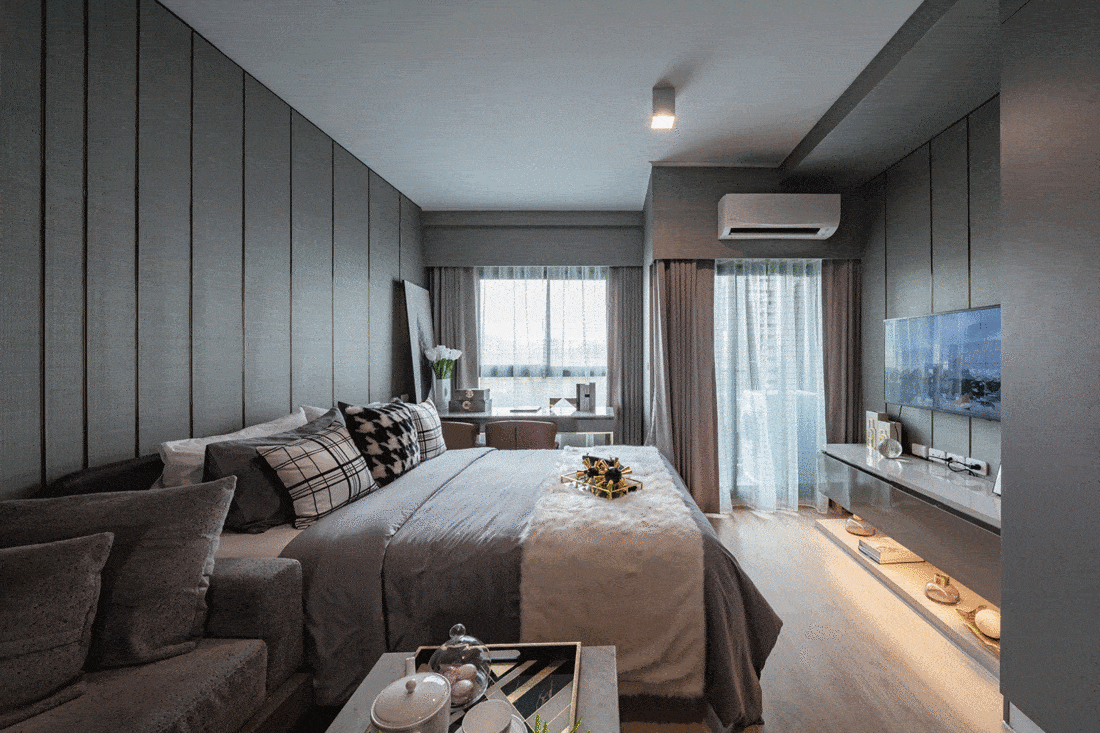 Stylish grey themed large master bedroom