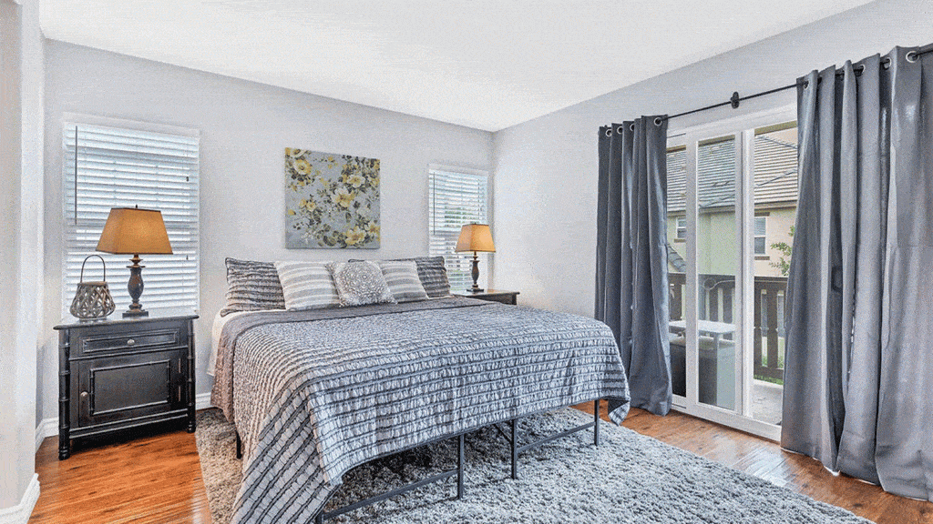 White and gray themed large master bedroom