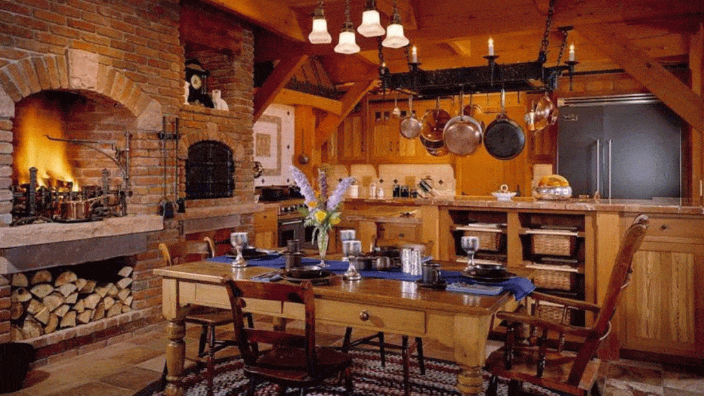 Wood cabin style rustic kitchen with stone furnace