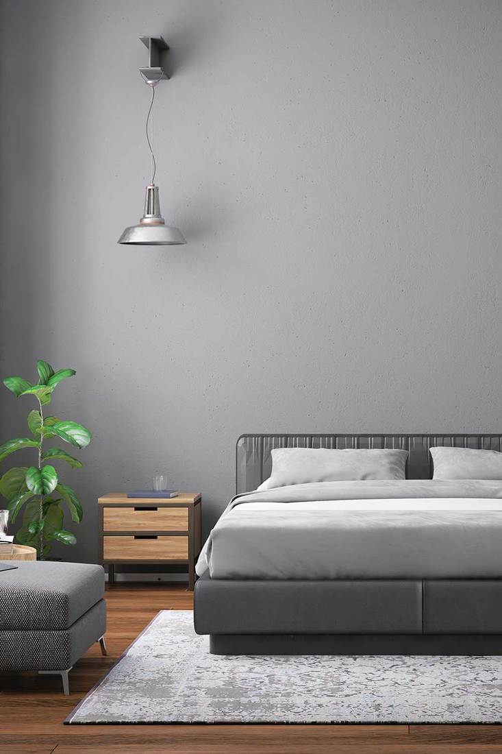 Modern grey bedroom with hanging lamp