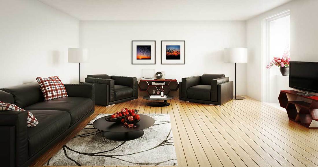 Modern living room with tv, carpet and black sofa