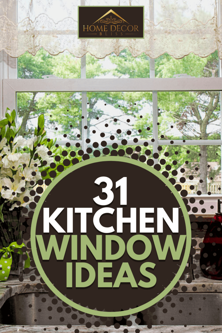 View of Kitchen sink, window view of backyard, curtains and flowers. Two green tomatoes on window seal witing to ripe. Beautiful designer gray-white-green granite countertop., 31 Kitchen Window Decorating Ideas That Will Inspire You