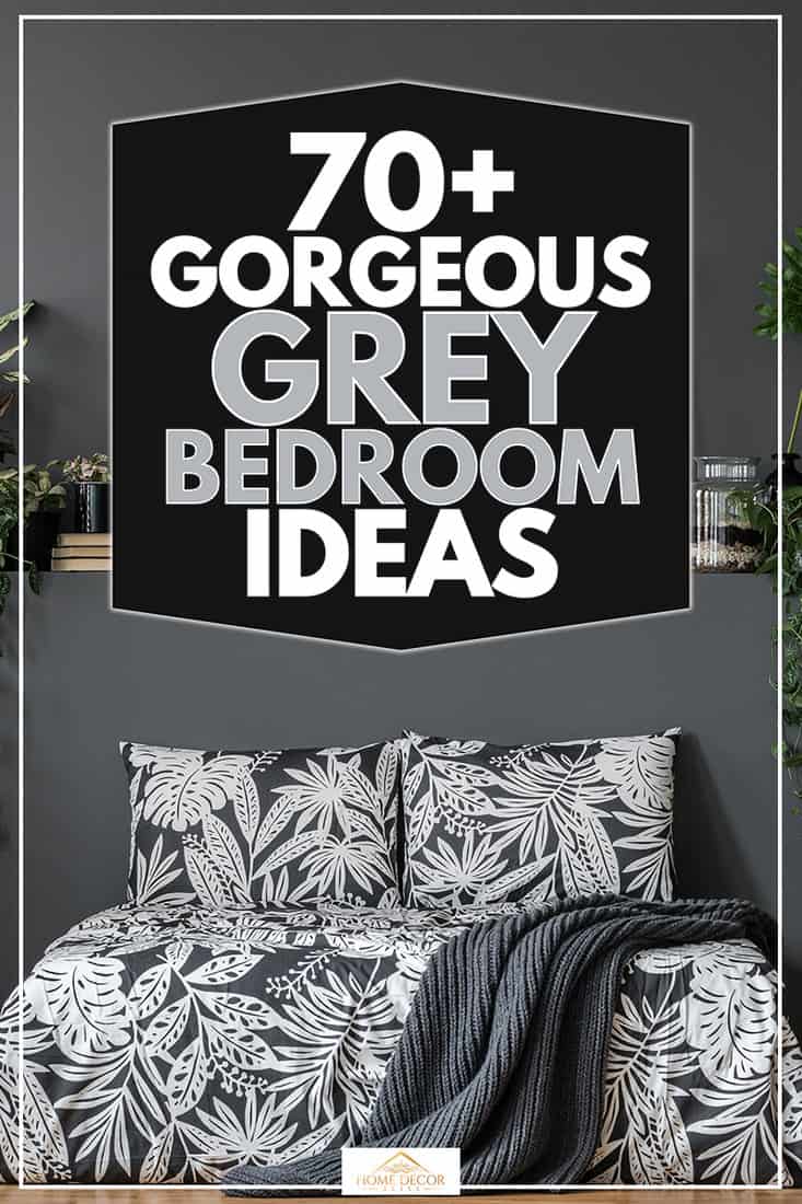 Floral pattern black bedding in a stylish, dark gray bedroom interior with plants and elegant furniture, 70+ Gorgeous Grey Bedroom Ideas That Will Inspire You