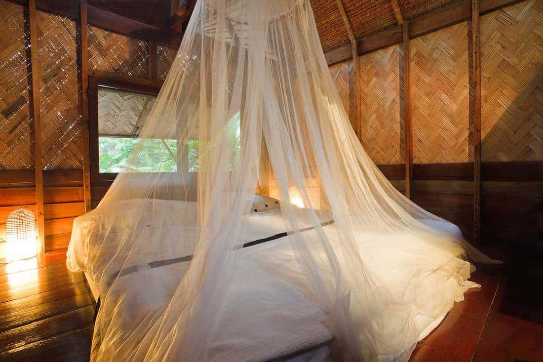 Bedroom with mosquito net in an island resort