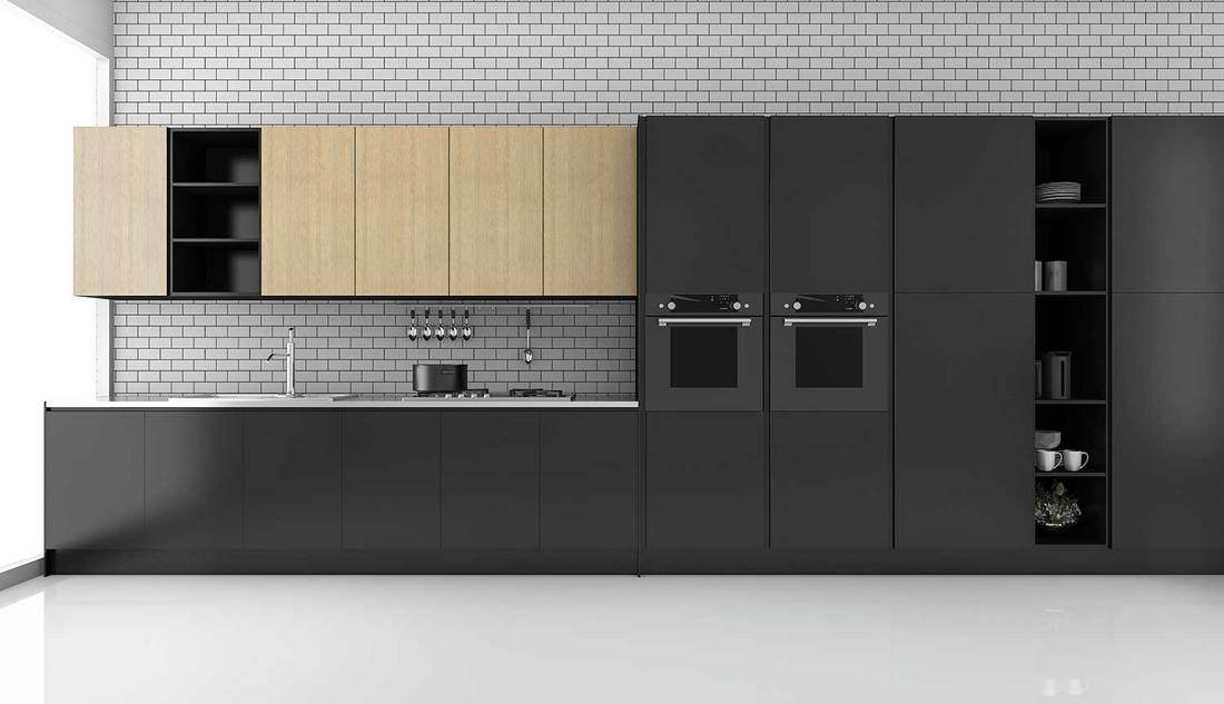 Black modern loft kitchen with brick wall