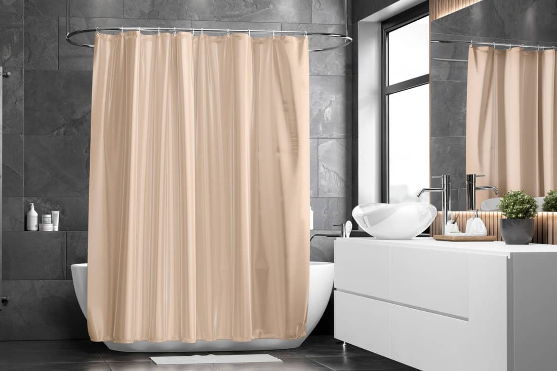 Blank beige closed shower curtain mockup, front view, 3d rendering. 