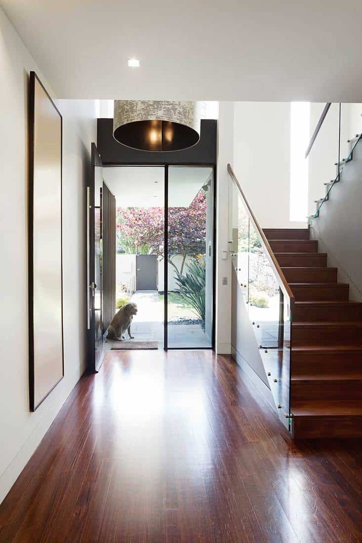 Entry foyer of architect designed modern australian home with wooden floor