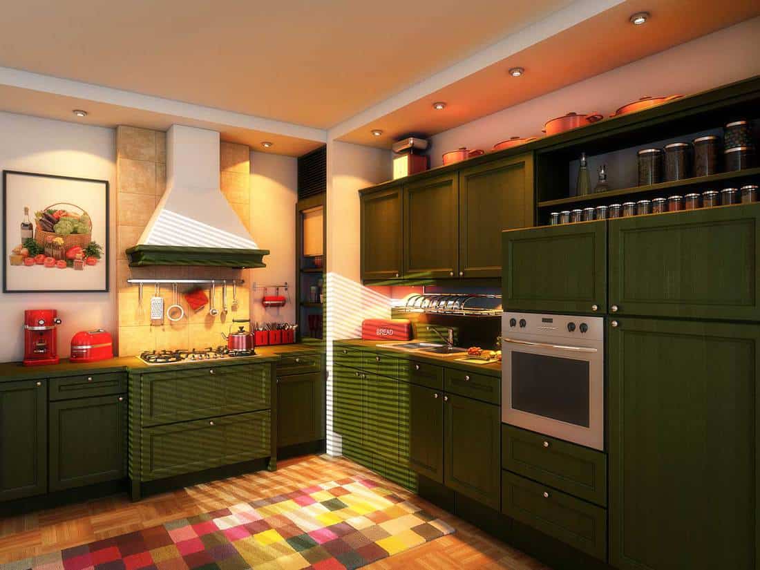 Green themed domestic kitchen interior