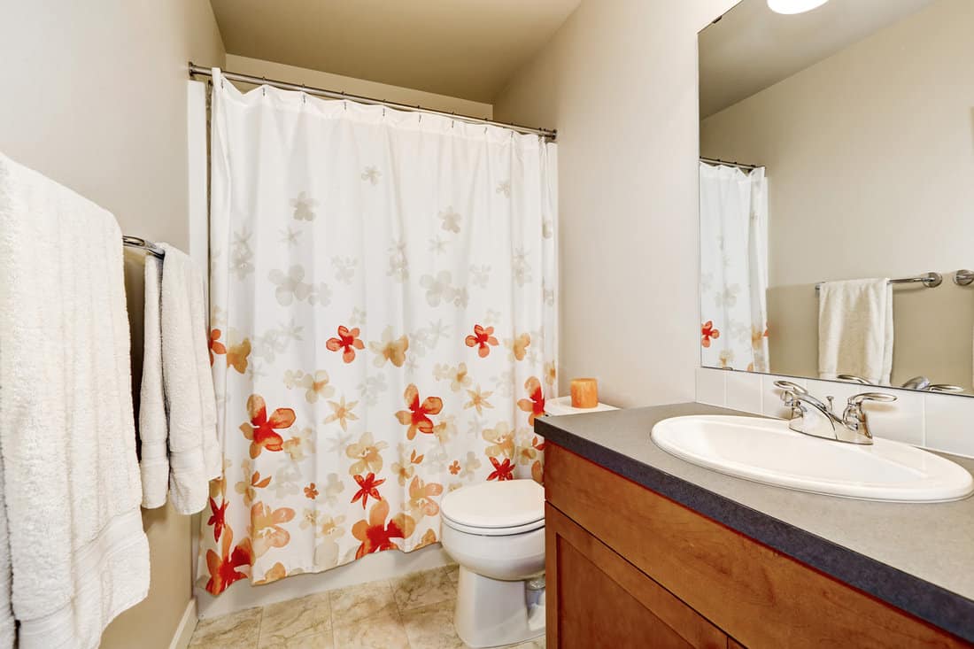 Interior of bathroom with vanity cabinet, toilet and shower with colorful curtain. 