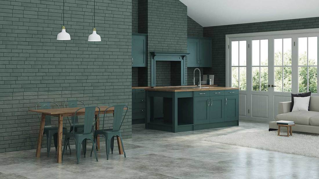 Interior with dark green kitchen and green brick walls