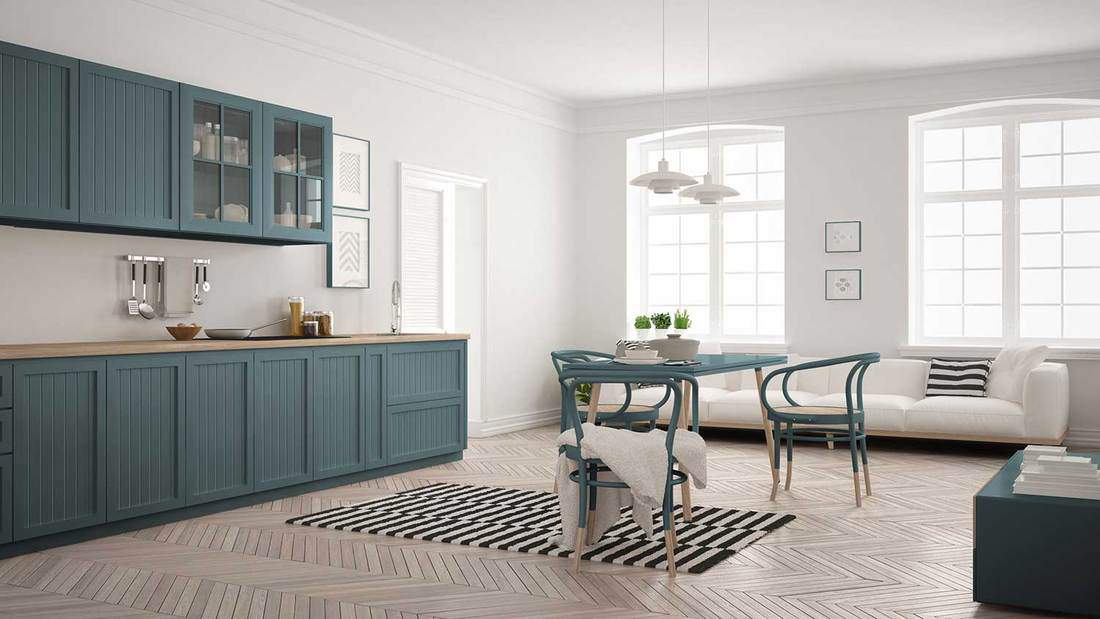 Minimalist modern kitchen with air force blue scandinavian interior design
