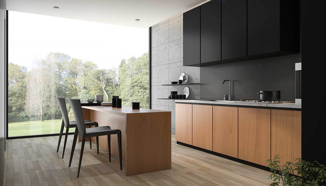 Modern black kitchen with parquet flooring