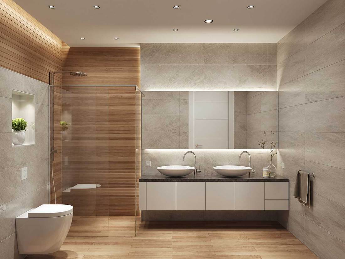 Modern contemporary interior bathroom with two sinks and large mirror