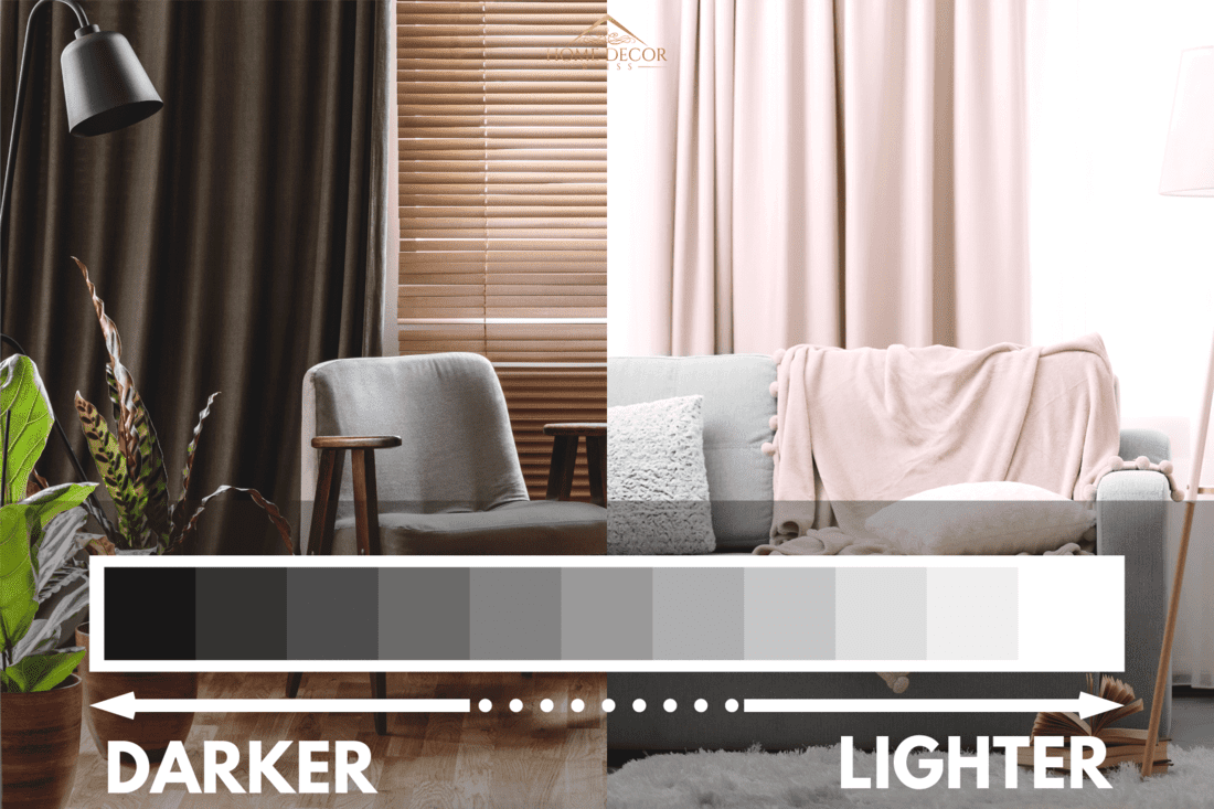 Collaged photo of dark and light curtains, Should Curtains Be Lighter Or Darker Than Walls?