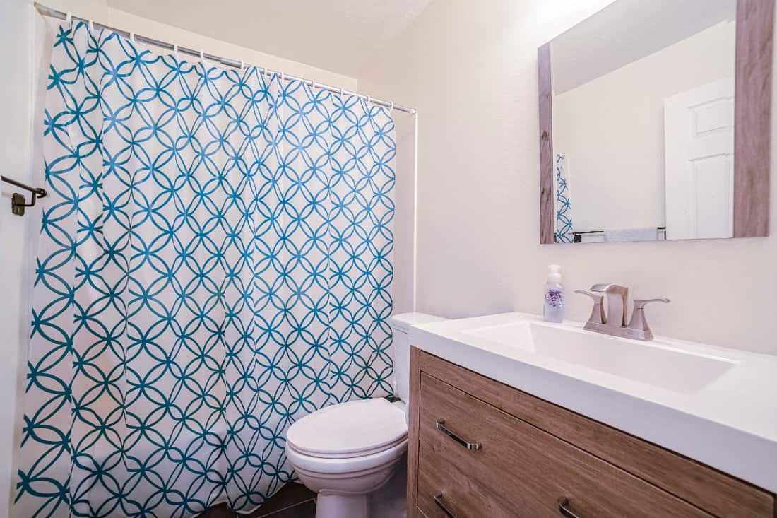 Small bathroom with patterned shower curtain in house
