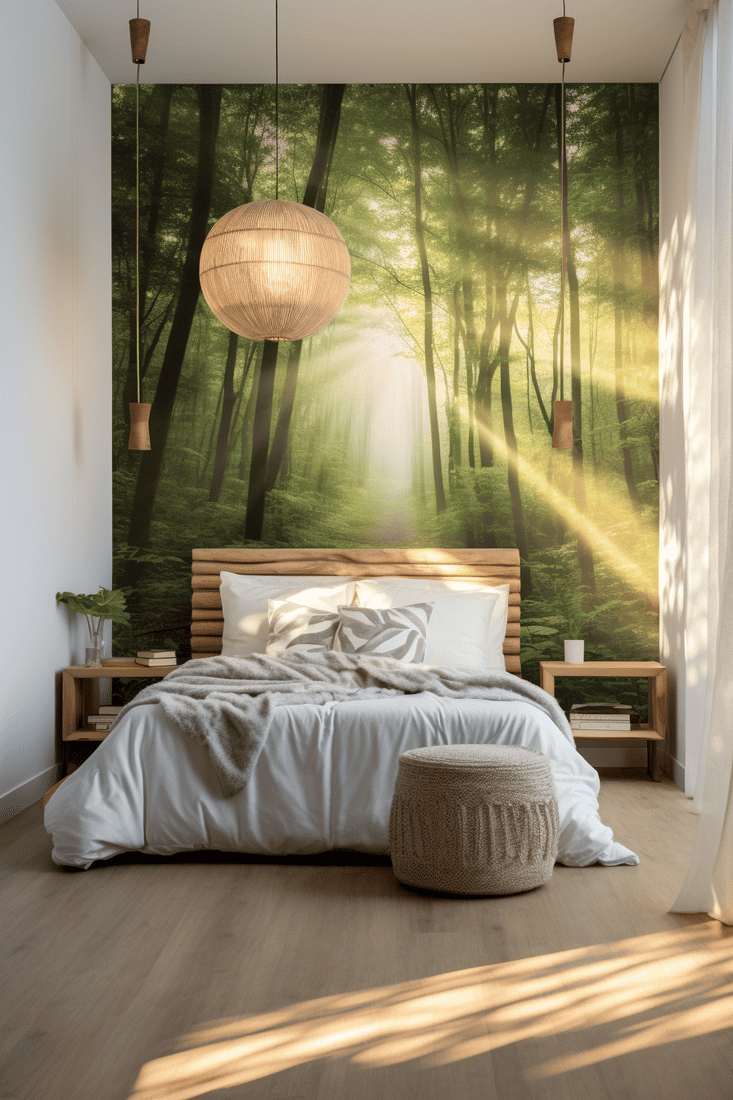a hyperrealistic bedroom featuring a stunning photographic mural of sunlight through the trees that covers the entire wall behind the bed.
