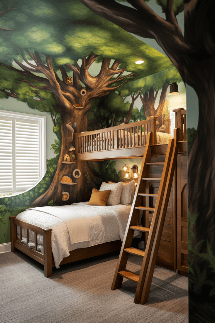 a hyperrealistic bedroom perfect for children, featuring a huge mural of a leafy oak tree spanning the wall and ceiling, with a ladder leading to a secret attic nook.