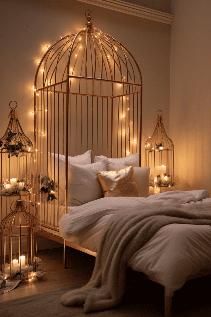 a hyperrealistic bedroom with a delightful ambiance of twinkling fairy lights