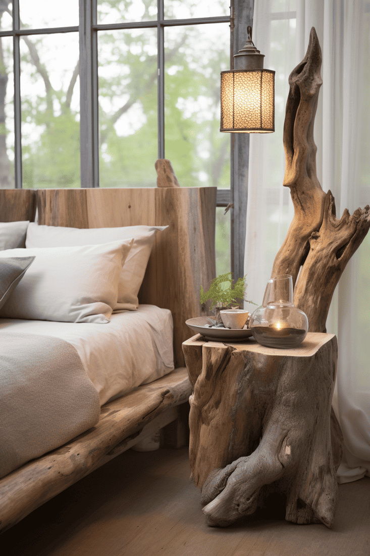 a hyperrealistic bedroom with a warm and cozy treehouse feel. Include a weathered wood bedstead, a tree trunk side table, and linens in tones of worn wood.