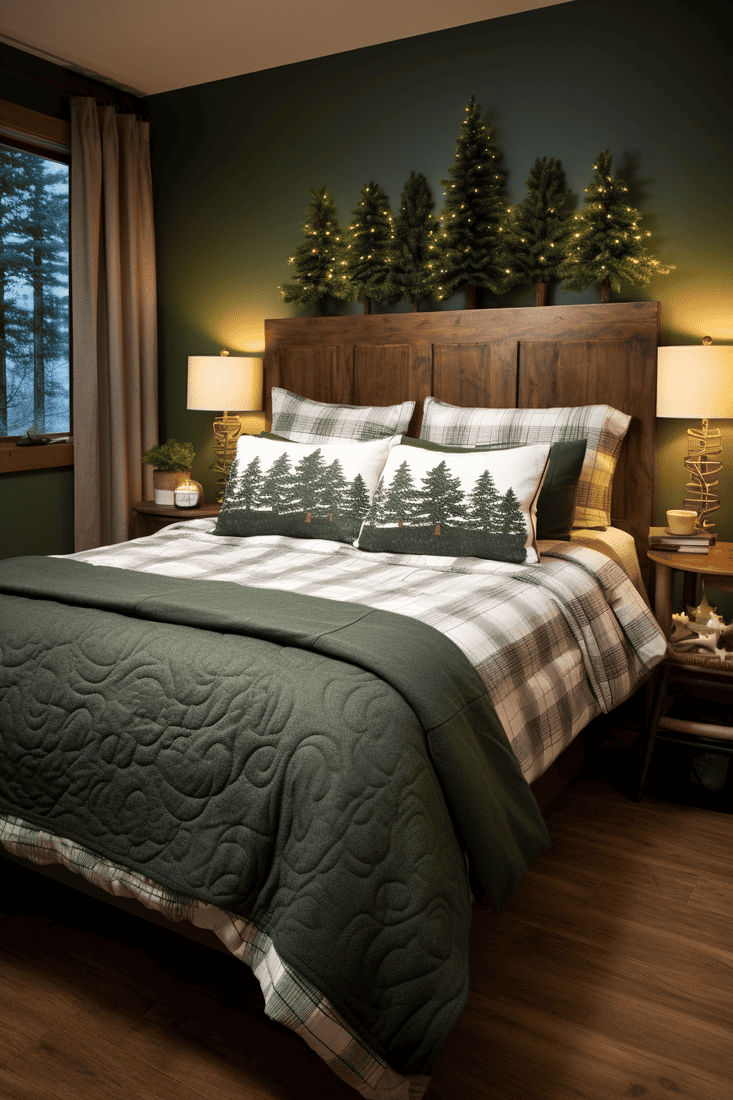 a hyperrealistic bedroom with an evergreen theme using a wonderful bedding set with appliquéd evergreens and matching patterned sheets.