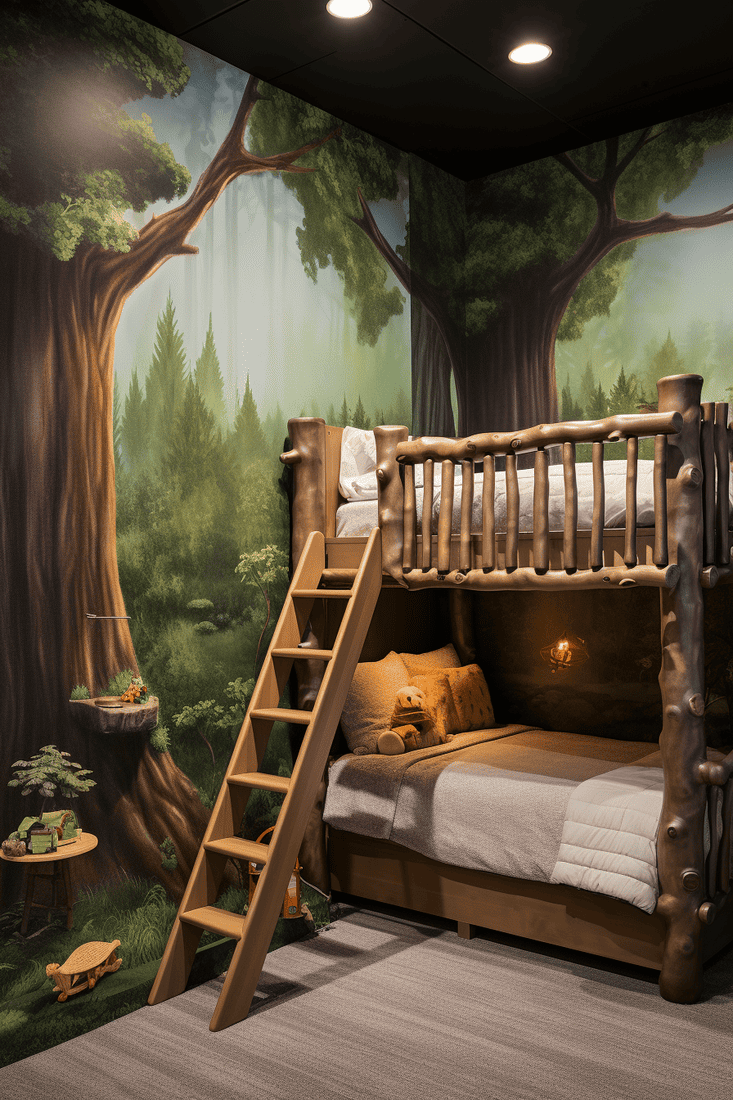 a hyperrealistic child's bedroom with a treehouse bunk bed and hand-painted forest mural.