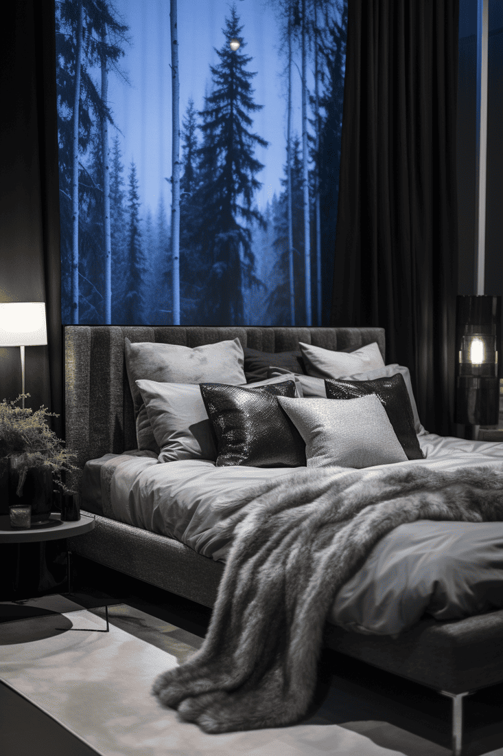 a hyperrealistic contemporary forest-themed bedroom using blues, blacks, and grey.