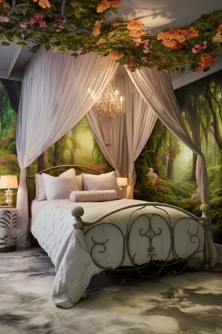 a hyperrealistic fairy tale bedroom with an amazing canopy bed adorned with garlands of flowers and leaves.