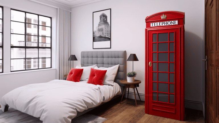 a photorealistic bedroom design featuring a red telephone booth decal on a door for a quirky pop of London scenery1600x900