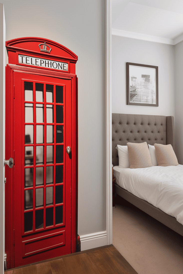 a photorealistic bedroom design featuring a red telephone booth decal on a door for a quirky pop of London scenery.
