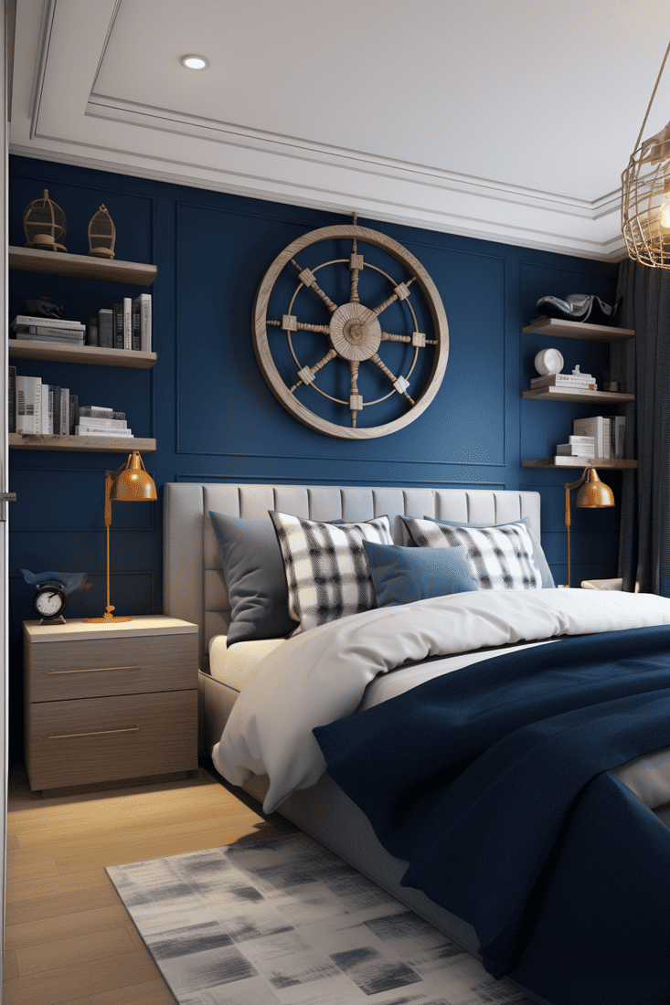 a photorealistic bedroom design featuring blue elements to celebrate Britain's maritime history. Incorporate references to famous captains and explorers.