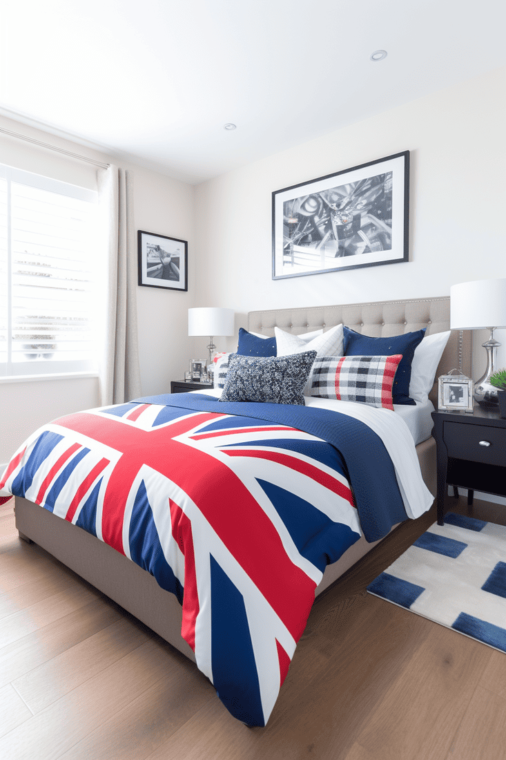 a photorealistic bedroom design incorporating bright whites, blues, and reds reminiscent of the Union Jack flag. Include references to the British monarchy.