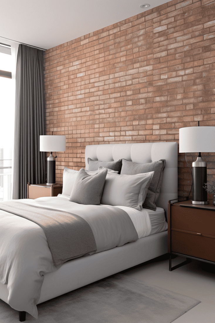 a photorealistic bedroom emphasizing brick elements to create a genuine London ambiance. Consider using textured brick wallpaper.