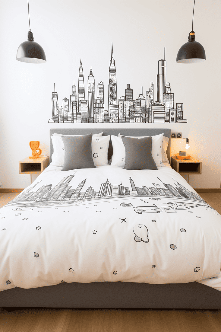 a photorealistic bedroom featuring a cartoon outline of the London skyline on bedding. Emphasize the use of white backgrounds for brightness.