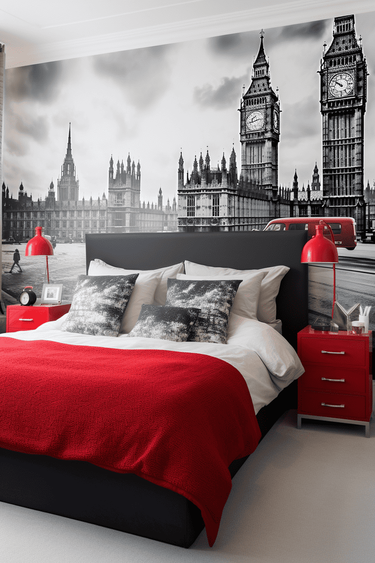 a photorealistic bedroom featuring a variety of London's iconic sites as wall murals. Emphasize the use of whites and reds in the design