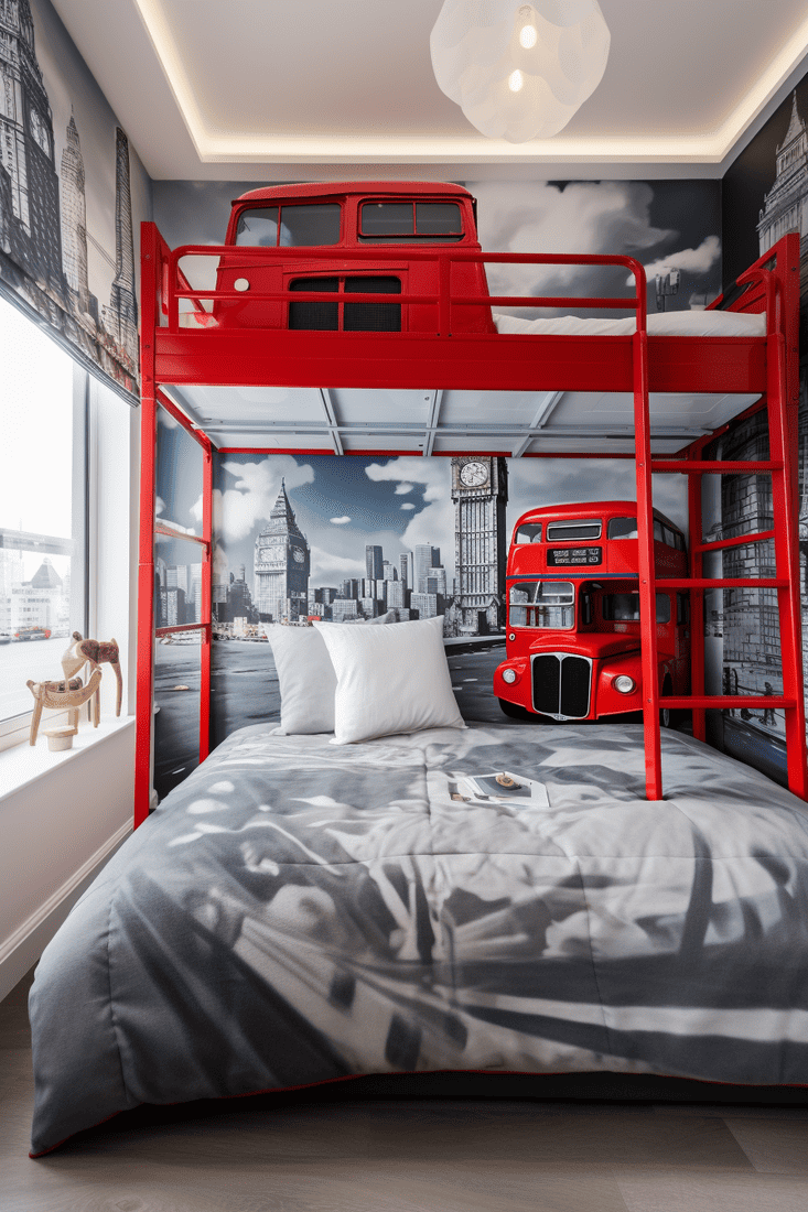 a photorealistic bedroom featuring red double-decker buses over a grey cityscape as murals and bedding. Highlight the playful and colorful aspect of London.