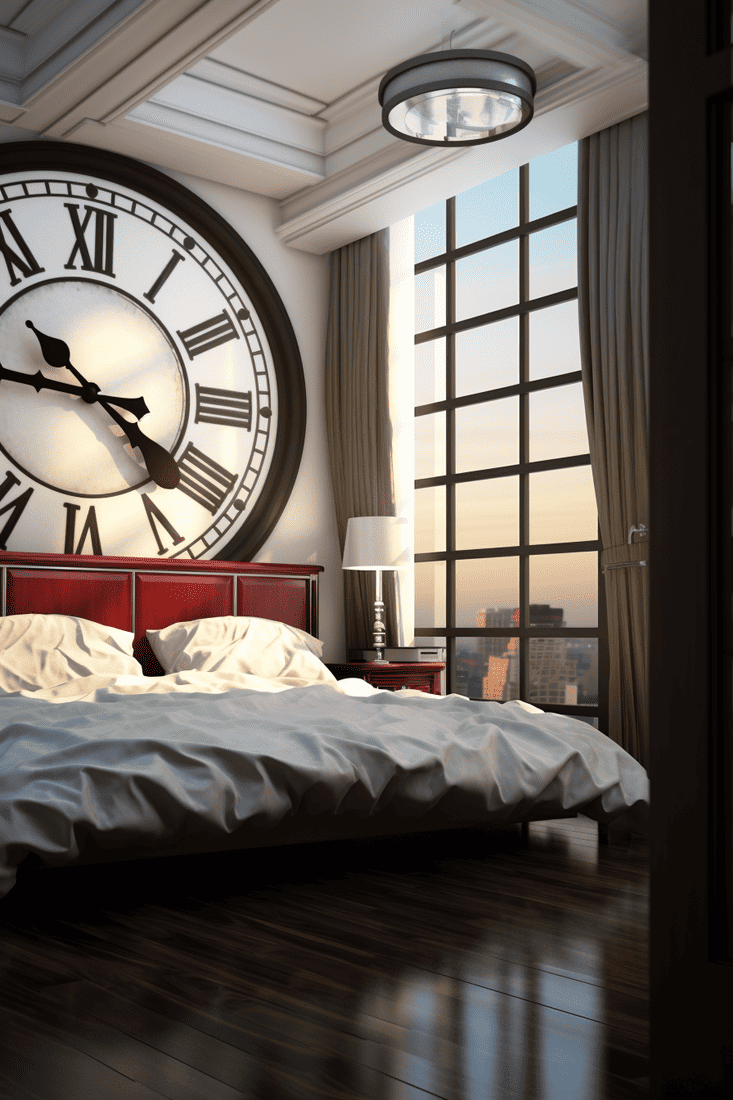  a photorealistic bedroom showcasing a clock motif inspired by Big Ben. Capture the feeling of a "center of the world" business atmosphere. 