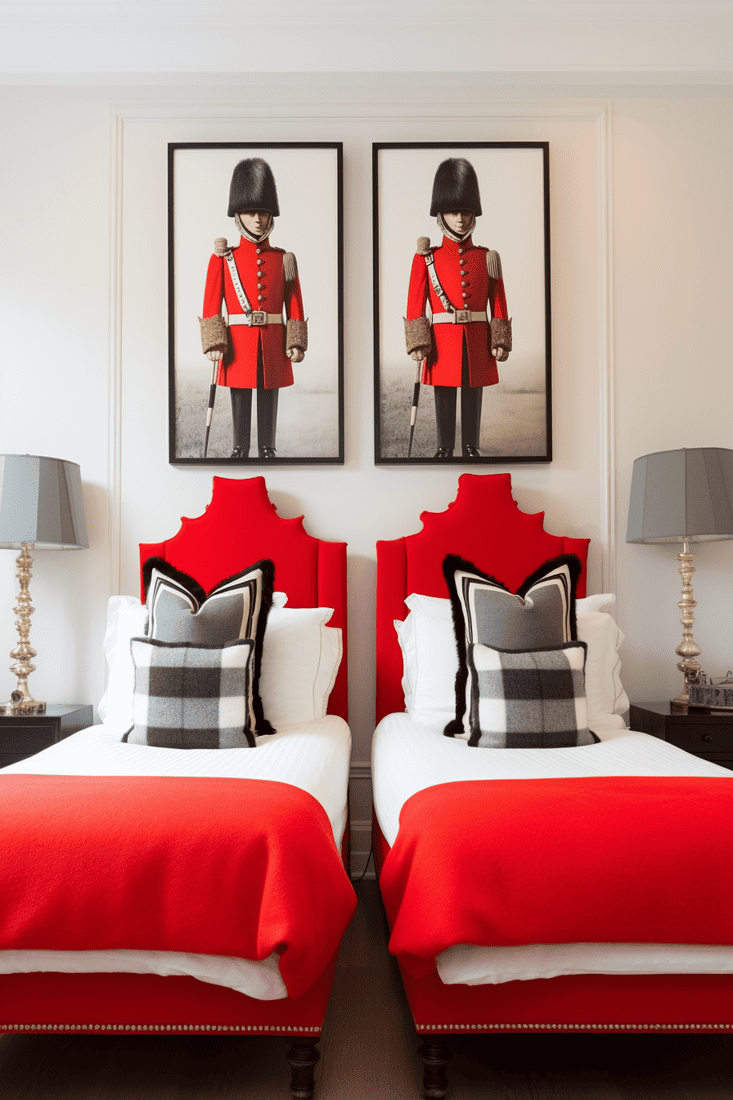 a photorealistic bedroom showcasing the iconic Queen's Guards as part of the decor, emphasizing their red coats and bearskin hats.