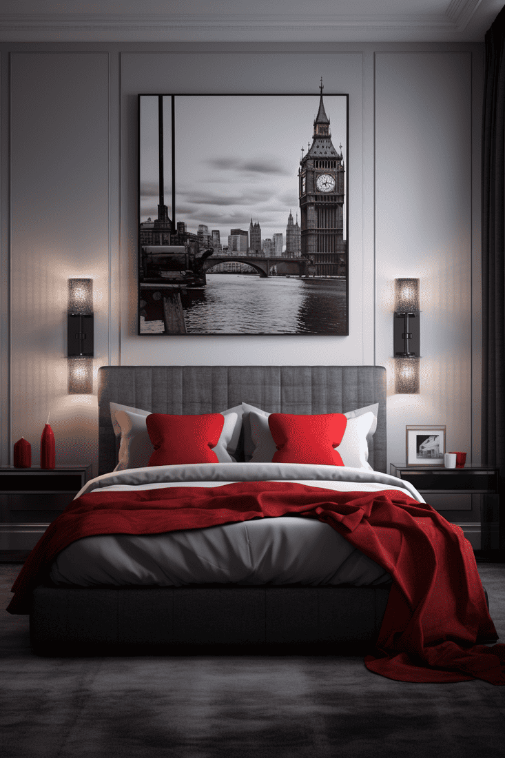 a photorealistic bedroom using darker tones like greys, blues, and blacks to evoke London's romantic ambiance. Highlight the use of red elements.