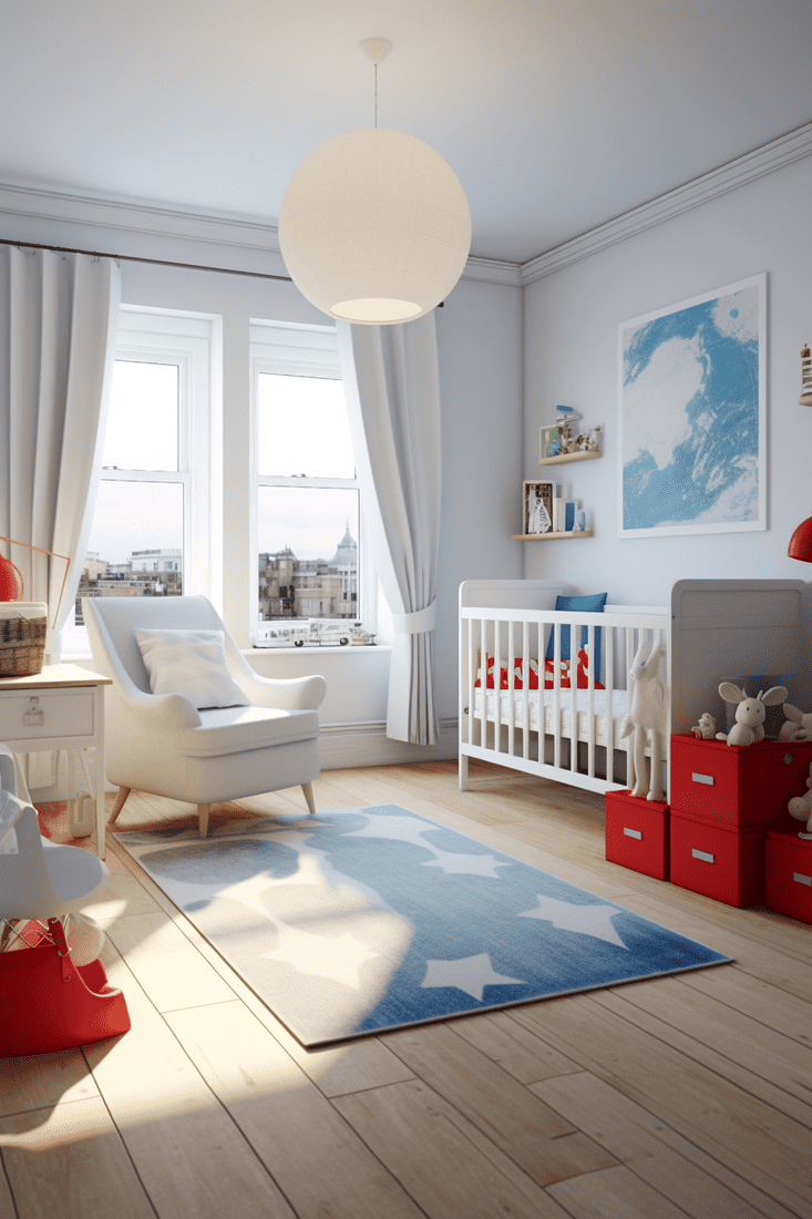 a photorealistic nursery featuring whites, blues, and reds to accentuate a London theme. Include wooden floor designs and references to London motifs.