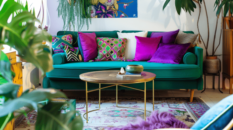 A vibrant living room with colorful bohemian decor, featuring an emerald green sofa surrounded by eclectic patterns and colors. The coffee table is adorned with intricate brass legs and a wood tabletop, creating a lively atmosphere. A stack of bright purple pillows adds contrast to the scene, while potted plants add life to the space, 37 Boho Living Room Ideas (Inspirational Photo List)