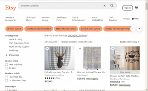 Etsy website product page for Shower curtains