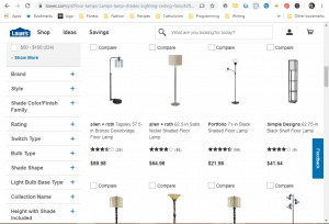 Lowes website product page for Lamps 